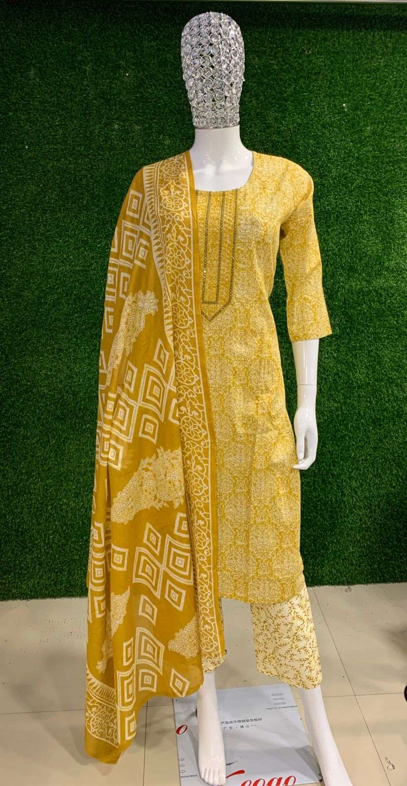 BEMITEX PRESENTS BRIGHT YELLOW PURE 60-60 COTTON FABRIC BASED EMBROIDERY WITH MIRROR WORK 3 PIECE READYMADE SUIT COMBO COLLECTION WHOLESALE SHOP IN SURAT